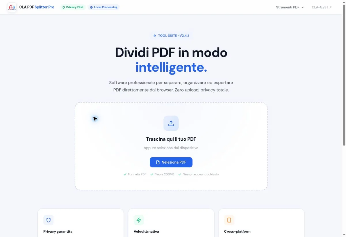 Schermata reale di CLA PDF Splitter Pro con area di selezione del documento