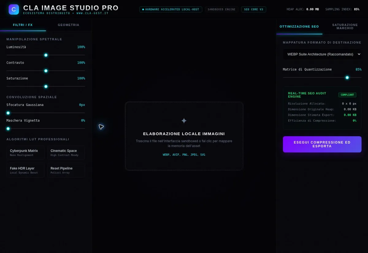 Interfaccia reale di CLA Image Studio Pro con filtri, area immagine e controlli di esportazione