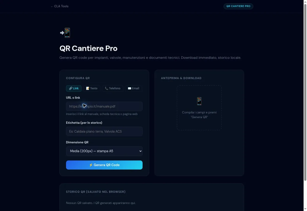 Interfaccia reale di QR Cantiere Pro con campi per il link e anteprima del codice