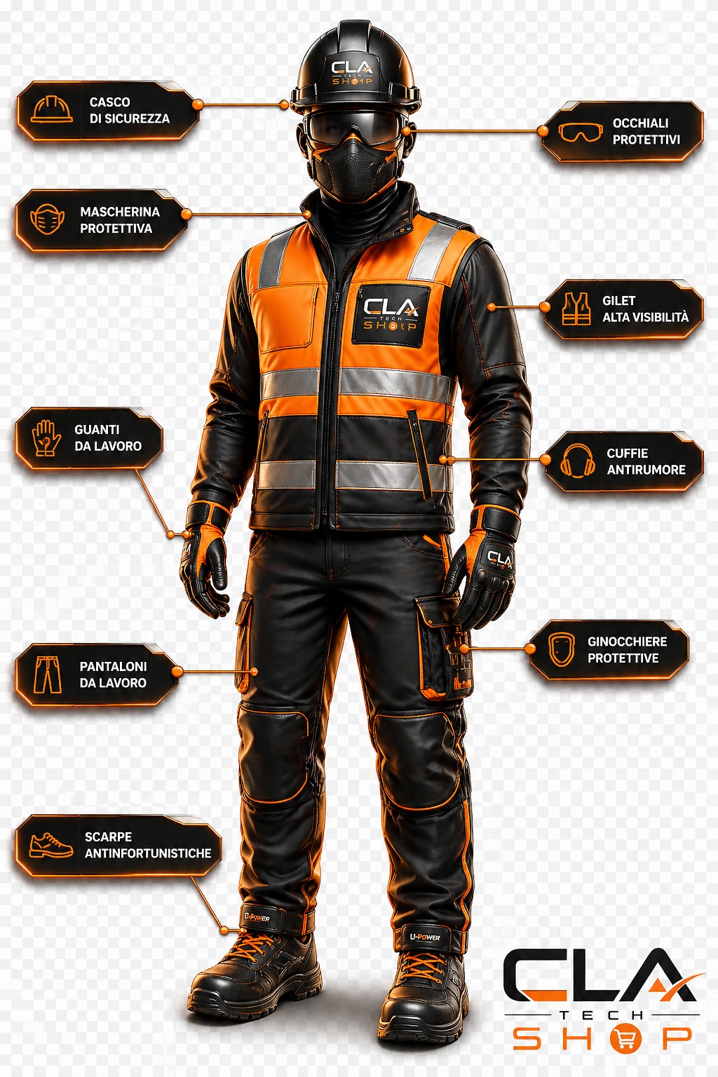 Manichino da cantiere con casco, gilet, guanti, pantaloni, scarpe e DPI