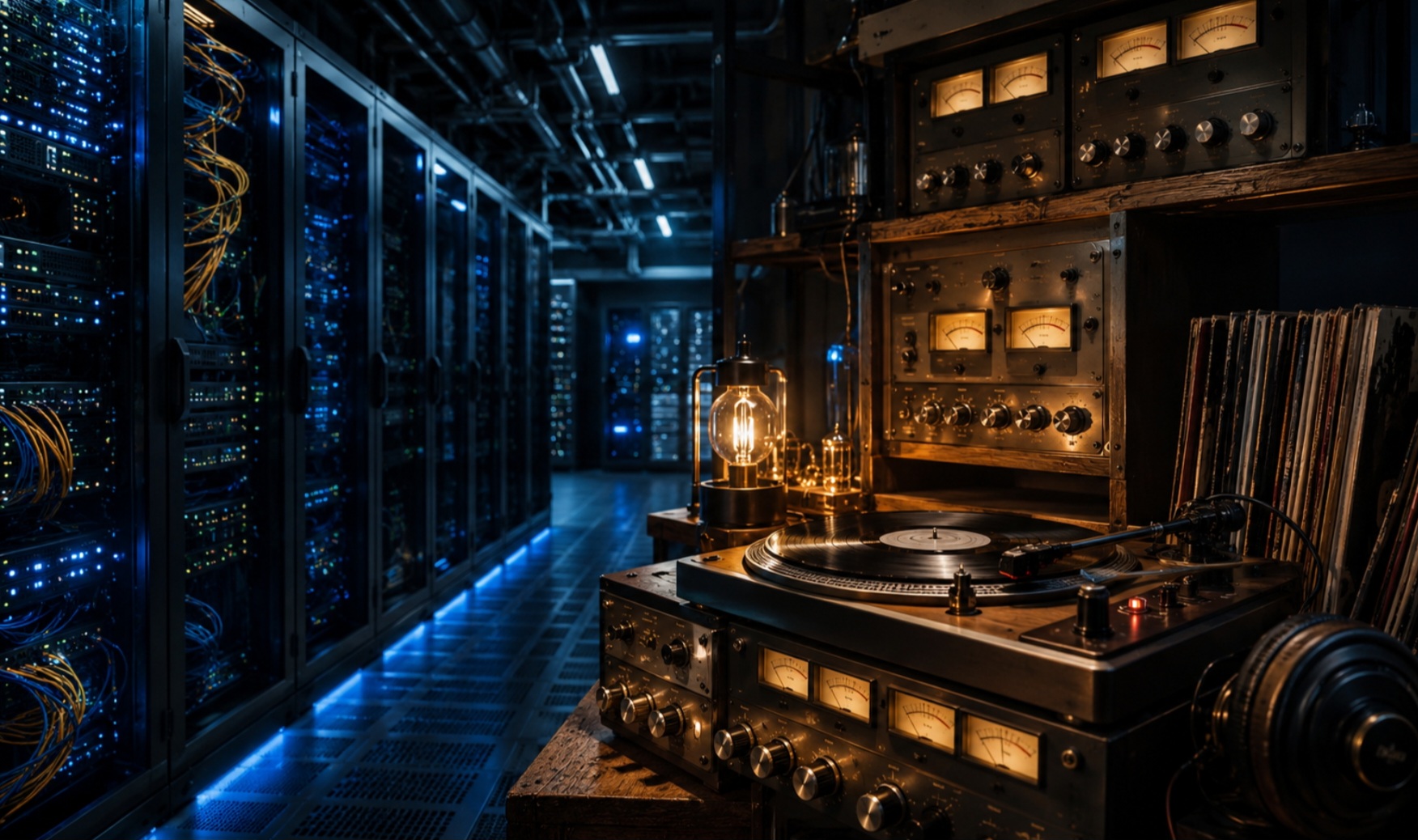 Datacenter, intelligenza artificiale e mondo analogico con vinili e amplificatore