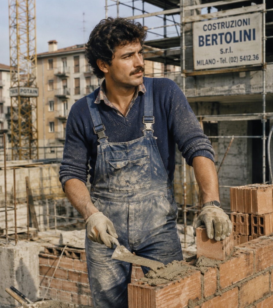 Muratore italiano al lavoro negli anni Ottanta