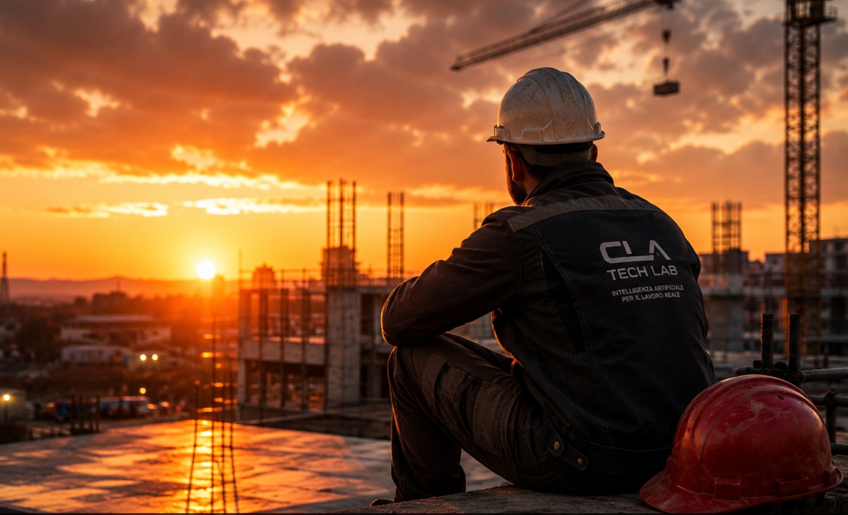Tecnico in cantiere al tramonto